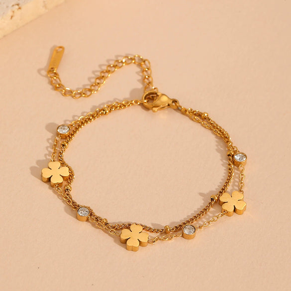 Jewelry Set Titanium Steel Beaded Floret Four Leaf Clover Diamond Double Layer Bamboo Chain For Women