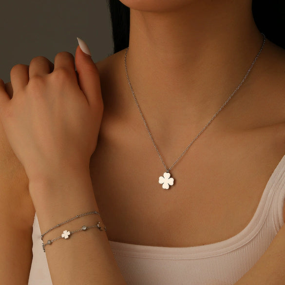 Jewelry Set Titanium Steel Beaded Floret Four Leaf Clover Diamond Double Layer Bamboo Chain For Women