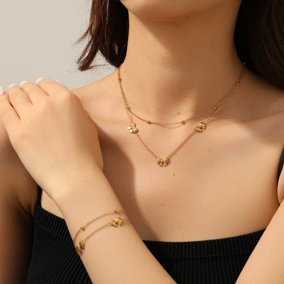 Jewelry Set Titanium Steel Box Chain Bow Pendant With Love Drop Bell Pattern