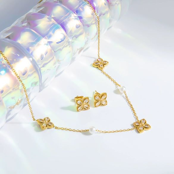 Jewelry Set Titanium Steel Fourleaf Flower Electroplated For Women