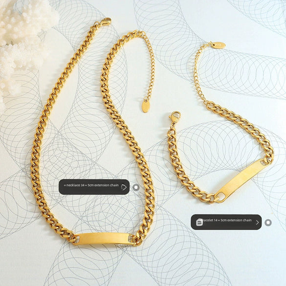 Jewelry Set Titanium Steel 18K Real Gold Plated Geometric Hiphop Heavy Industry Style Cuban Chain Bracelet Necklace