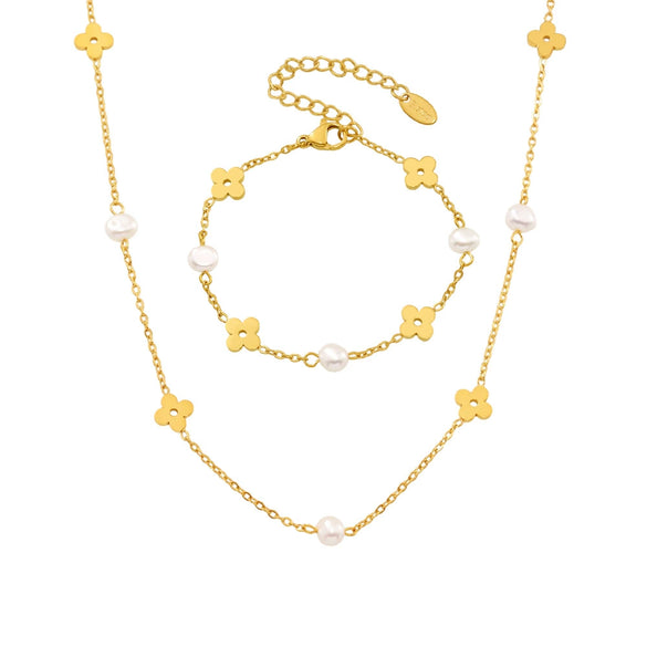 Jewelry Set Titanium Steel Natural Freshwater Pearl Cut Out Flower With Stars Sun And Moon Clouds Universe Electroplated