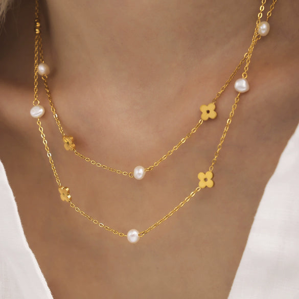 Jewelry Set Titanium Steel Natural Freshwater Pearl Cut Out Flower With Stars Sun And Moon Clouds Universe Electroplated