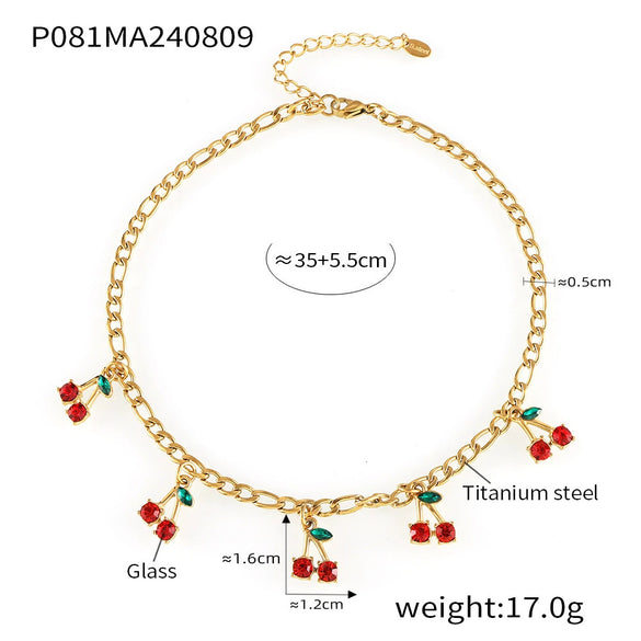 Jewelry Set With Glass Stone Cherry Pattern 316L Stainless Steel Electroplated For Women Necklace Bracelet