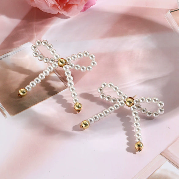 Jewelry Set With Imitation Pearl Beaded Bow Electroplated