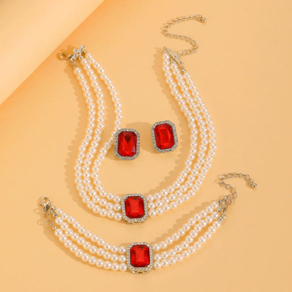 Jewelry Set With Imitation Pearls Square Pattern For Women