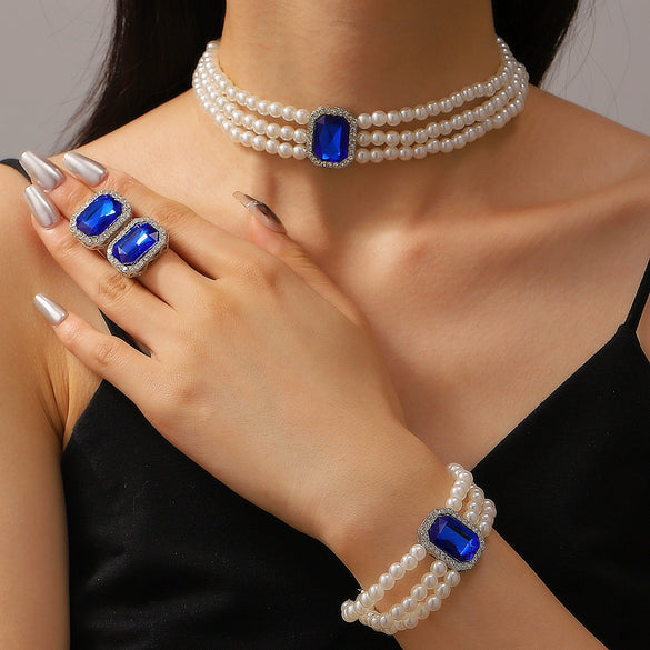 Jewelry Set With Imitation Pearls Square Pattern For Women