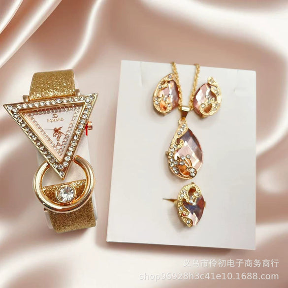 Jewelry Set With Inverted Triangle Design Diamond Frosted Imitation Leather Alloy Material