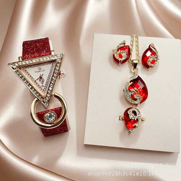 Jewelry Set With Inverted Triangle Design Diamond Frosted Imitation Leather Alloy Material