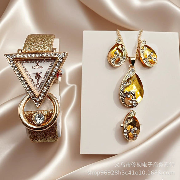 Jewelry Set With Inverted Triangle Design Diamond Frosted Imitation Leather Alloy Material
