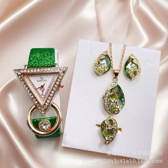 Jewelry Set With Inverted Triangle Design Diamond Frosted Imitation Leather Alloy Material