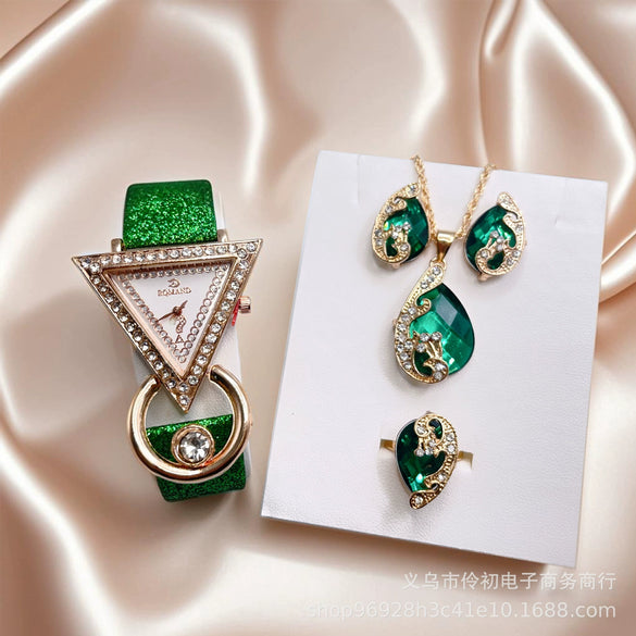 Jewelry Set With Inverted Triangle Design Diamond Frosted Imitation Leather Alloy Material