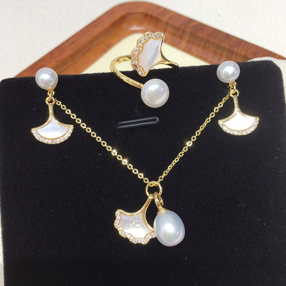 Jewelry Set With Natural Sea Shell Ginkgo Leaf And Freshwater Pearl