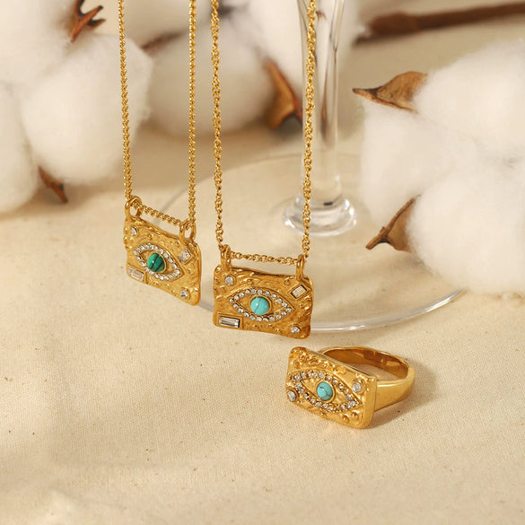 Jewelry Set With Square Pendant Geometric Pattern Stainless Steel Inlaid Zirconium And Electroplating Treatment