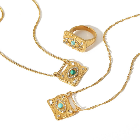 Jewelry Set With Square Pendant Geometric Pattern Stainless Steel Inlaid Zirconium And Electroplating Treatment