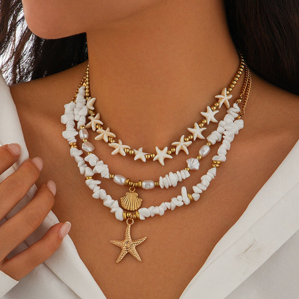 Jewelry Shell Beaded Clavicle Chain Alloy Imitation Pearl Geometric Starfish Electroplated Necklace For Women