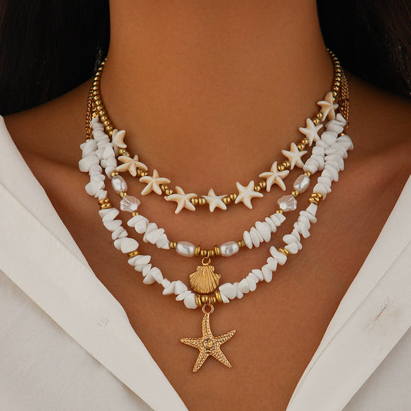 Jewelry Shell Beaded Clavicle Chain Alloy Imitation Pearl Geometric Starfish Electroplated Necklace For Women