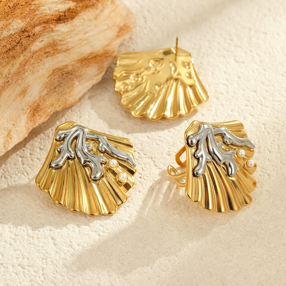 Jewelry Shell Coral Titanium Steel Stainless Steel Electroplated Women's Light Luxury Style Earrings And Ring