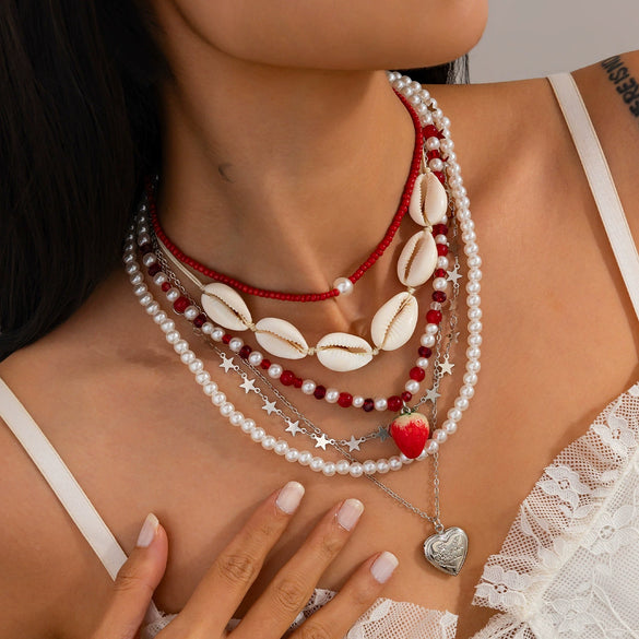 Jewelry Shell Heart Shaped Imitation Pearl Rice Beaded Ball Chain Necklace For Women Stacking Natural Style