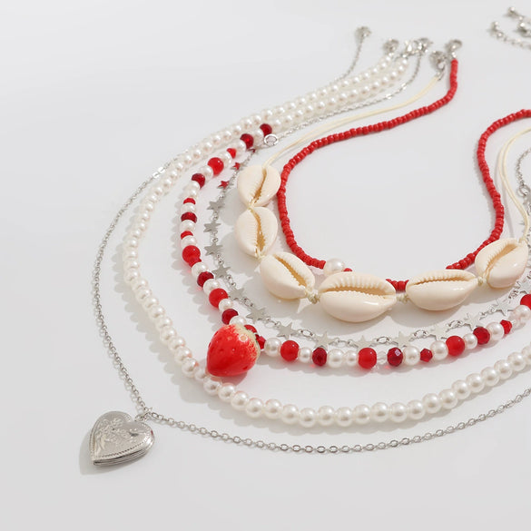Jewelry Shell Heart Shaped Imitation Pearl Rice Beaded Ball Chain Necklace For Women Stacking Natural Style