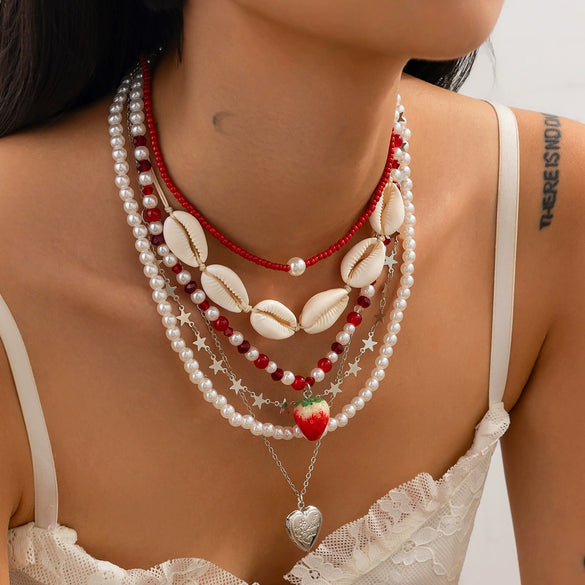 Jewelry Shell Heart Shaped Imitation Pearl Rice Beaded Ball Chain Necklace For Women Stacking Natural Style