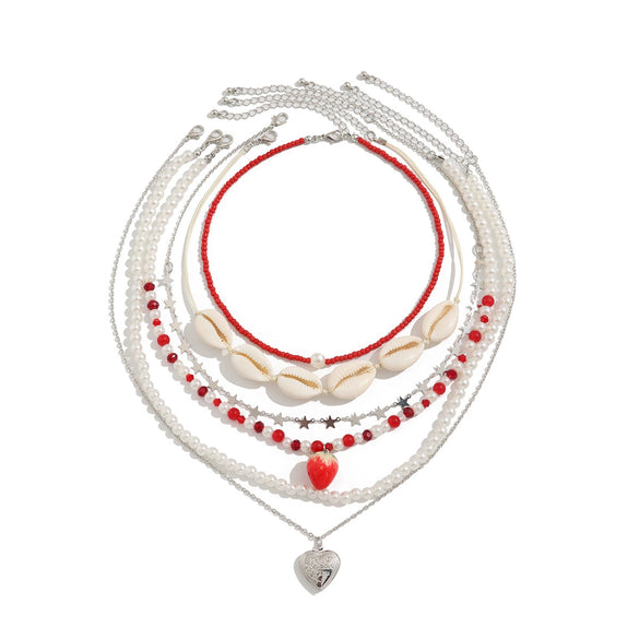 Jewelry Shell Heart Shaped Imitation Pearl Rice Beaded Ball Chain Necklace For Women Stacking Natural Style