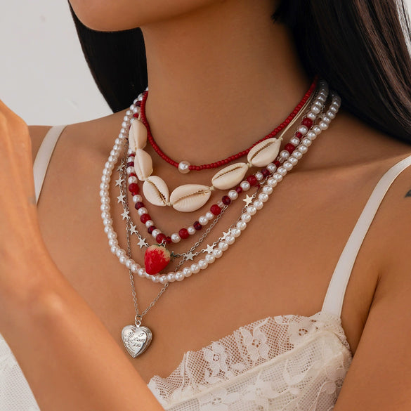 Jewelry Shell Heart Shaped Imitation Pearl Rice Beaded Ball Chain Necklace For Women Stacking Natural Style