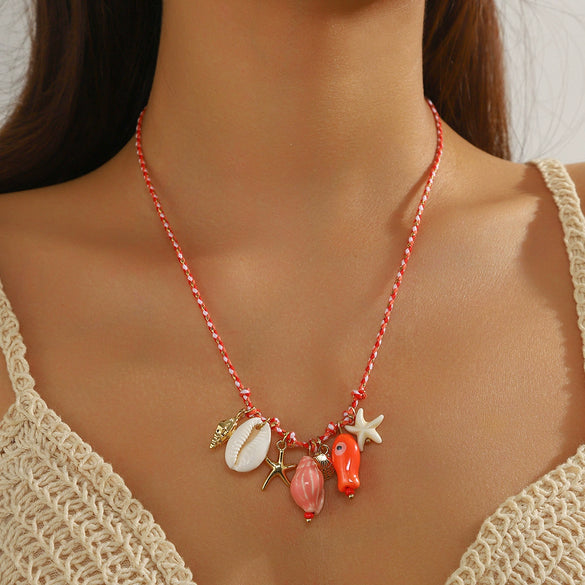 Jewelry Shell Starfish Ceramic Small Fish Pendant Hand Knitted Minimalist Women's Clavicle Chain Necklace