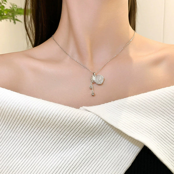 Jewelry Silver Cat's Eye Stone Tassel Purse Pendant O Chain Necklace For Women Titanium Steel Copper Electroplating Light Luxury