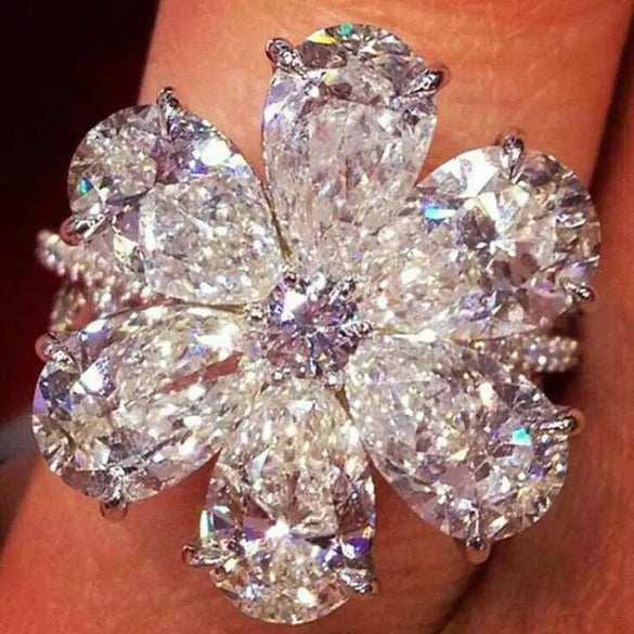 Jewelry Silver Drop Pearshaped Flower Snowflake Ring Electroplated Unisex