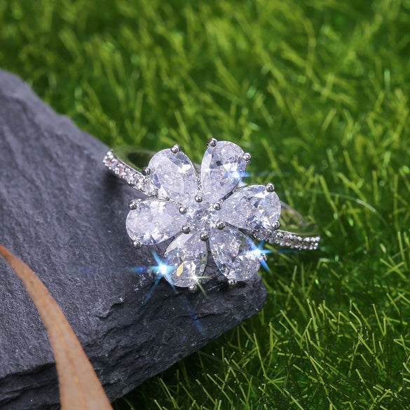 Jewelry Silver Drop Pearshaped Flower Snowflake Ring Electroplated Unisex