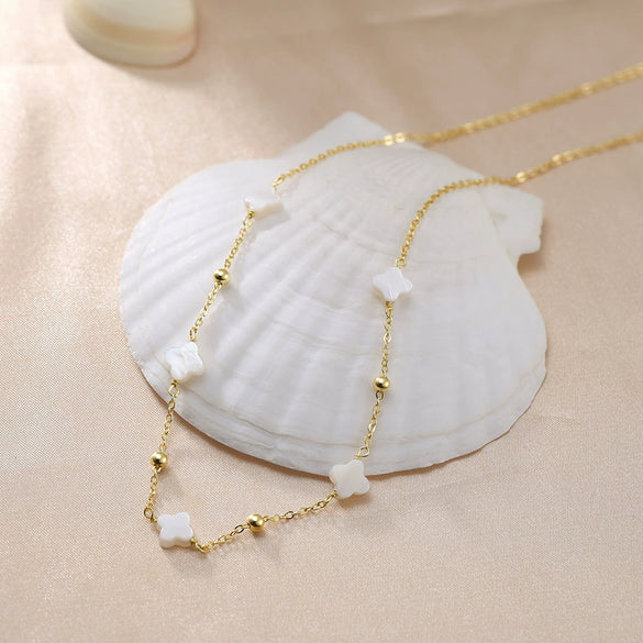 Jewelry 925 Silver Geometric Shell Fourleaf Flower Freshwater Pearl Electroplated Women's Bracelet Necklace