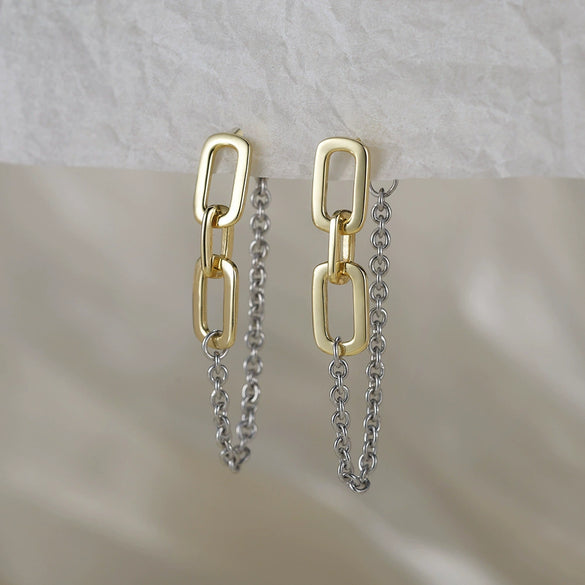 Jewelry Silver Geometric Tassel Earrings With Long Stitching