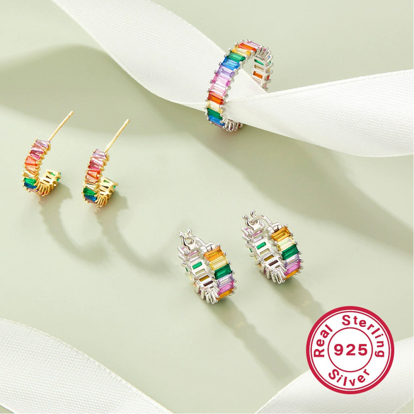Jewelry Silver 925 Retro Elegant Rectangle Pattern Inlay Zircon Earring Ring Set