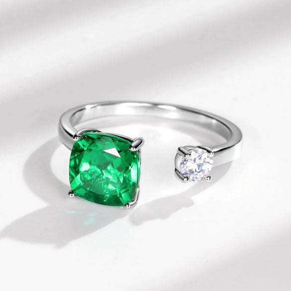 Jewelry 925 Silver Ring Inlaid Cultured Emerald Geometric Simple Fashion