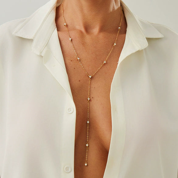 Jewelry Simple Geometric Imitation Pearl And Copperclad Iron Beaded Clavicle Chain Yshaped Necklace With Electroplating