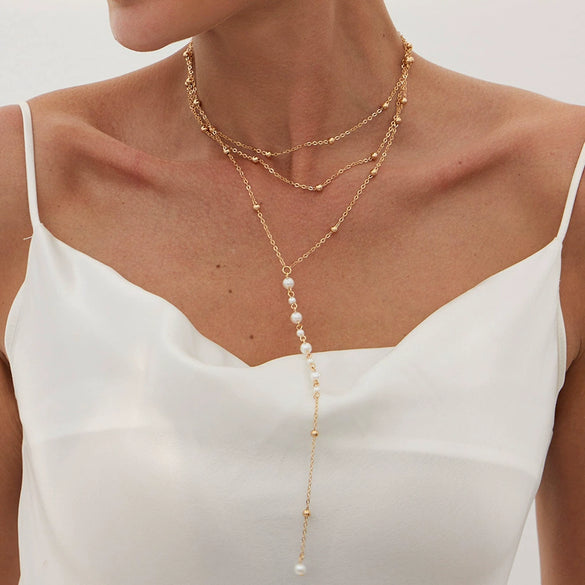 Jewelry Simple Geometric Imitation Pearl And Copperclad Iron Beaded Clavicle Chain Yshaped Necklace With Electroplating