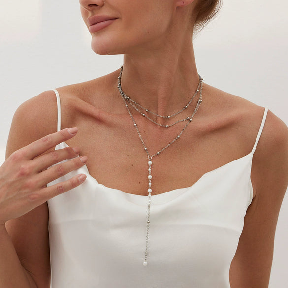 Jewelry Simple Geometric Imitation Pearl And Copperclad Iron Beaded Clavicle Chain Yshaped Necklace With Electroplating