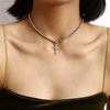 Jewelry Simple Style Alloy Snake Bone Chain Imitation Pearl Cross Pendant Necklace With Diamond Geometric Design For Women