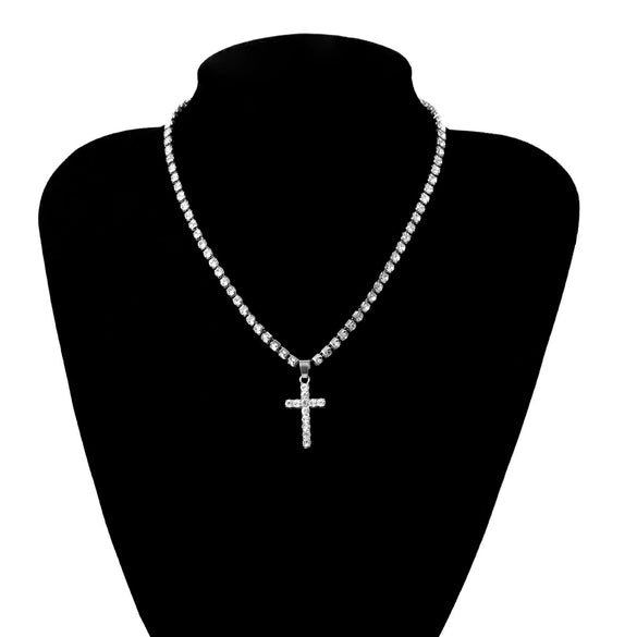 Jewelry Simple Style Alloy Snake Bone Chain Imitation Pearl Cross Pendant Necklace With Diamond Geometric Design For Women