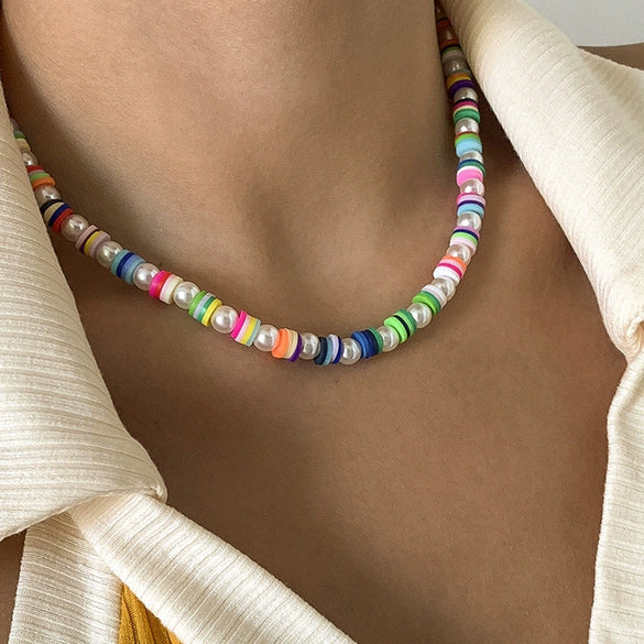 Jewelry Soft Ceramic Rice Bead Flower Pearl Chain Alloy Pendant Geometric Style Necklace
