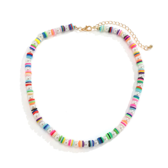 Jewelry Soft Ceramic Rice Bead Flower Pearl Chain Alloy Pendant Geometric Style Necklace