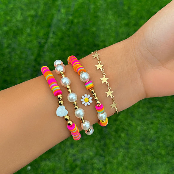 Jewelry Soft Pottery Imitation Pearl Ccb Alloy Rhinestone Dripping Oil Geometric Hip Hop Style Round Bead Chain Bracelet With Pig Nose Buckle Electroplated