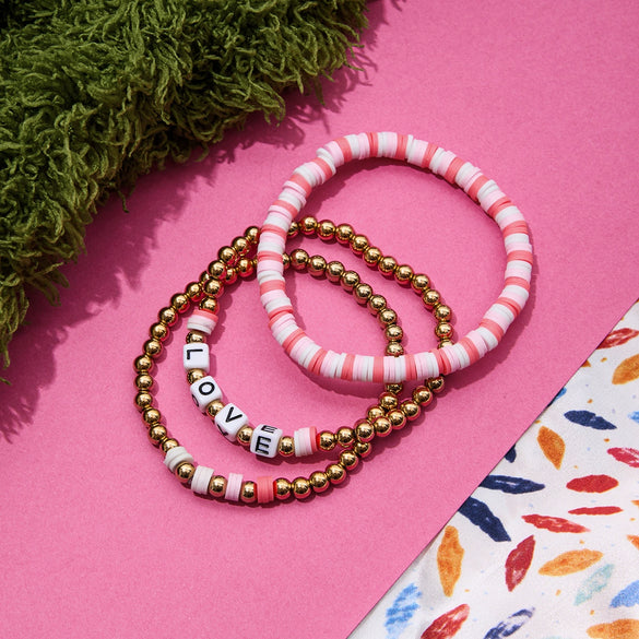 Jewelry Stacked Bohemian Style Colorful Soft Pottery Stainless Steel Elastic Letters Love Beaded Bracelet With Electroplating