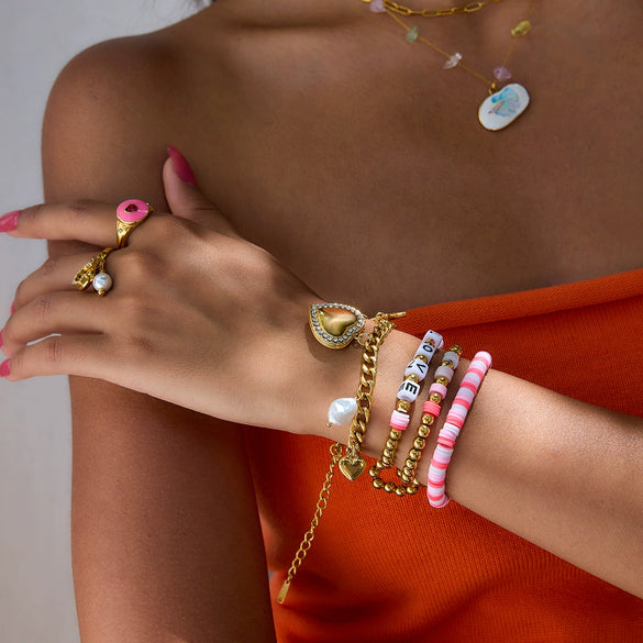 Jewelry Stacked Bohemian Style Colorful Soft Pottery Stainless Steel Elastic Letters Love Beaded Bracelet With Electroplating