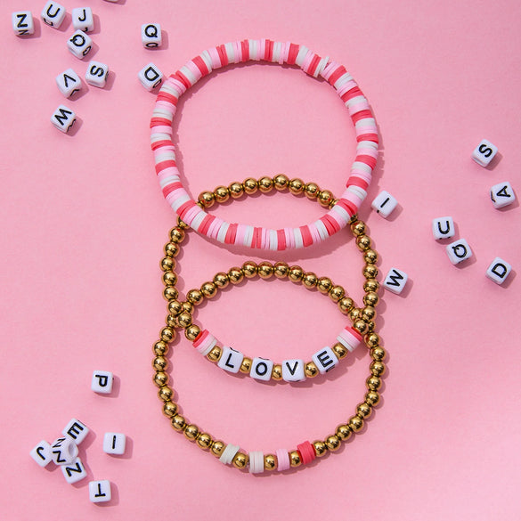 Jewelry Stacked Bohemian Style Colorful Soft Pottery Stainless Steel Elastic Letters Love Beaded Bracelet With Electroplating