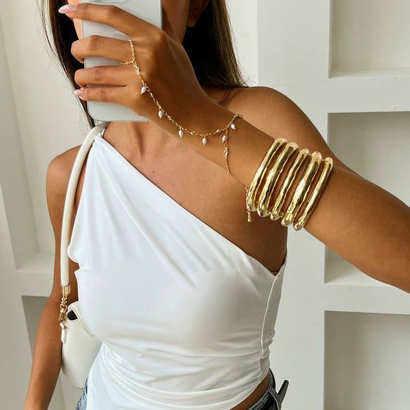 Jewelry Stacking Style Alloy Open Bracelet With Imitation Pearl Tassel Electroplated Geometric Design