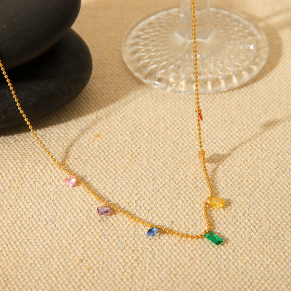 Jewelry Stainless Steel Ball Chain Necklace Mixed Gem Inlay Geometric Women