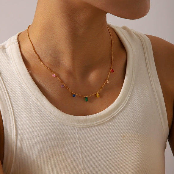 Jewelry Stainless Steel Ball Chain Necklace Mixed Gem Inlay Geometric Women