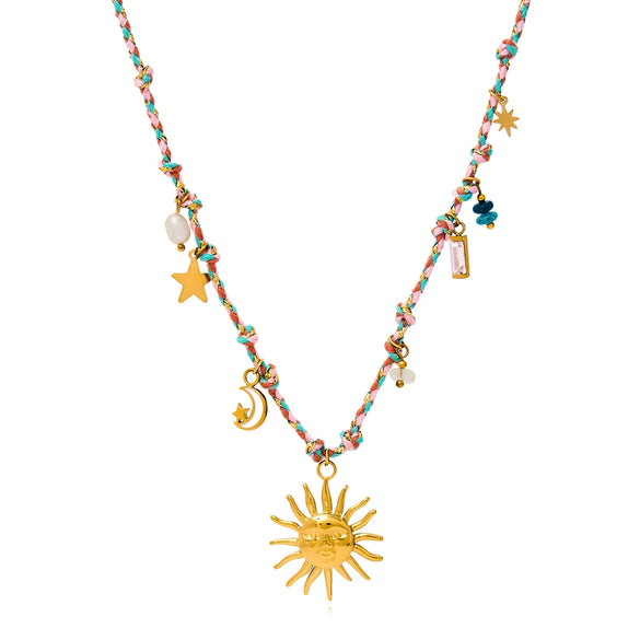 Jewelry Stainless Steel Colorful Rope Fabric Sun And Moon Devil's Eye Star Pendant Electroplating For Women